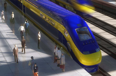 illustration of a rail station with a blue bullet train.