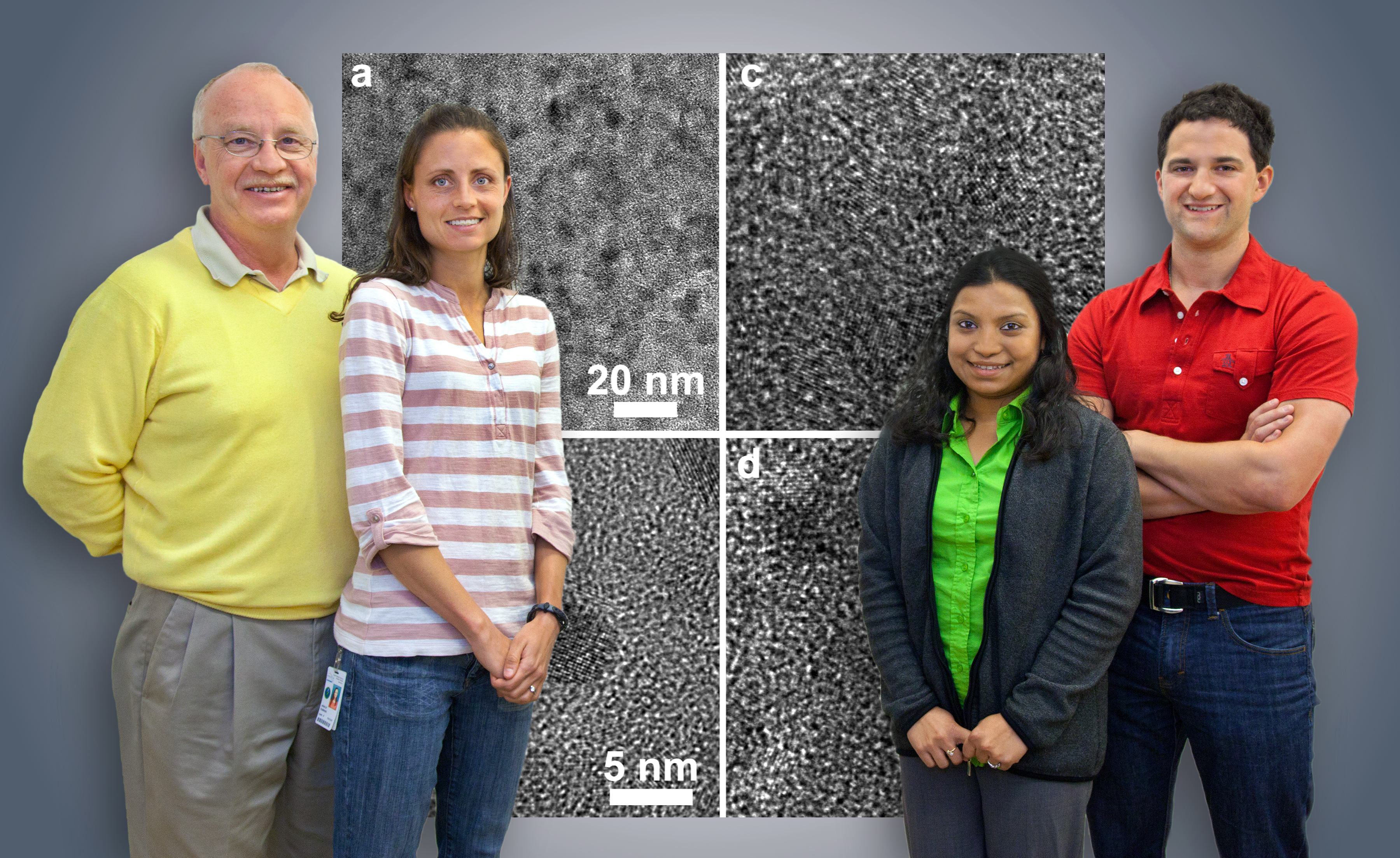 Four people stand in front of Transmission electron micrographs.