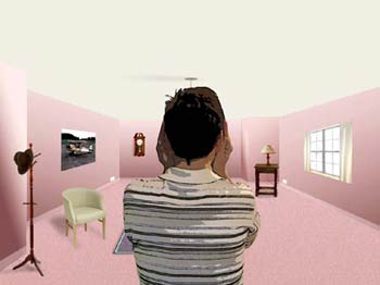 An illustration of a man in a pink room.