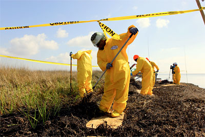 People wearing yellow hazard suits rake the ground inside a restricted area.