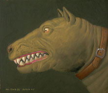 A painting of an aggressive-looking dog.