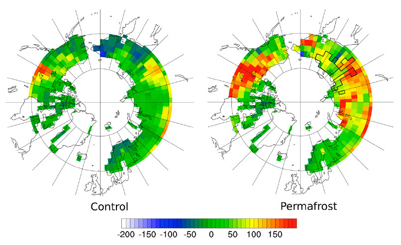 Two color diagrams show differences of heat in permafrost regions.