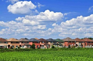 A row of houses in the suburbs.