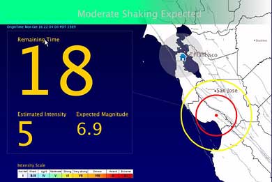 A shakeAlert warning showing a 6.9 magnitude earthquake, a map of the affected area, and the expected arrival of 18 minutes.