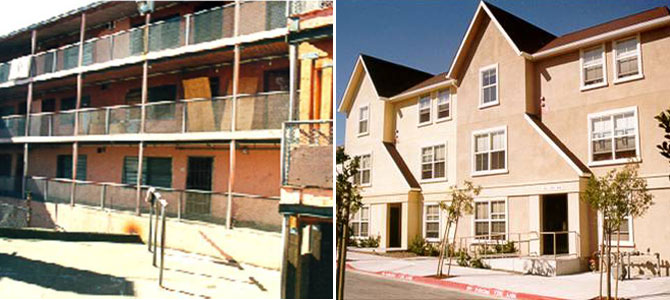 In 1998, the San Francisco Housing Authority (SFHA) began redeveloping the Hayes Valley site, shown above, as part of the national HOPE IV Program to revitalize public housing. On the left is the site before redevelopment. The photo on the right shows Hayes Valley after HOPE IV redevelopment. (Images courtesy of SFHA)
