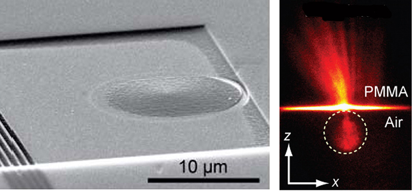 A micrograph of a lens at 10 micrometers and a fluorescent orange photo of lens.