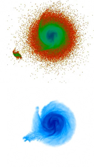 Simulation of the distribution of stars (top) and gas in the Milky Way galaxy just after the dwarf satellite (lower left) perturbed it. Sukanya Chakrabarti image.