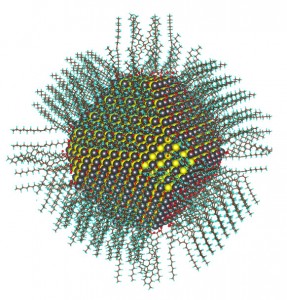 Calculated atomic structure of a 5nm diameter nanocrystal passivated with oleate and hydroxyl ligands.