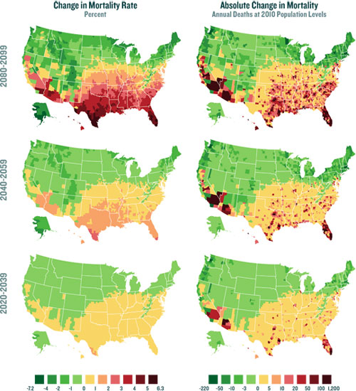 The maps above reflect what researchers forecast to be the relative change in mortality rates in percentages, due to climate change through the end of the century.