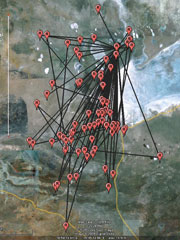 aerial imaging showing points in red and their paths.