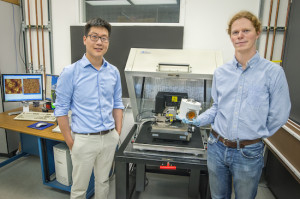 Joseph Kao and Kari Thorkelsson helped devise a technique whereby self-assembling nanoparticle arrays can form a highly ordered thin film over macroscopic distances in one minute. (Photo by Roy Kaltschmidt)