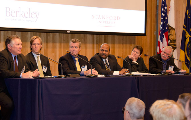 Six panelists at a Berkeley-Stanford panel.