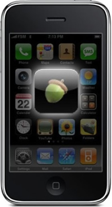 An iphone 4 shows the smartphone app with an image of an acorn.
