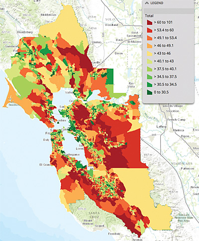 Map of average household carbon footprints in S.F. Bay Area census block groups.