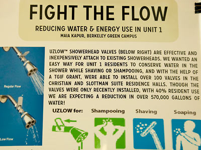 A poster which reads 'Fight the Flow: reducing energy and water usage in Unit 1'.