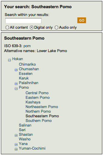 A search result bar for the search 'southeaster Pomo' .