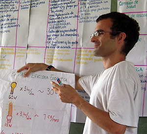 Casillas shows a paper with drawings of different lightbulbs.