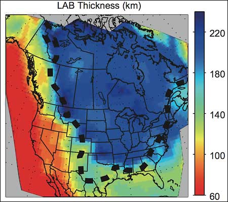 Thermal diagram overlayed on a map of North America.