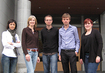 Emmanuelle Charpentier, Jennifer Doudna, Martin Jinek, Kryzszlof chylinski, and Ines Fontana standing outside.