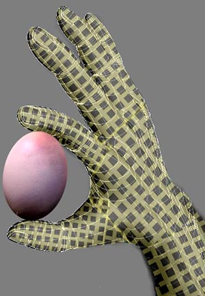 A hand made of the artificial skin holds an egg.