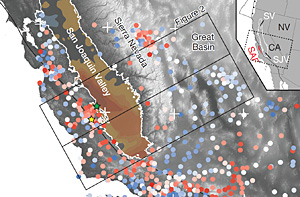  GPS measurements showing that the Sierra Nevada and Coast Ranges rise several millimeters per year.