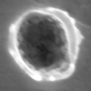 A scanning electron microscope view of a crater caused by an interstellar dust impact in the foil aboard Stardust. The crater is about 280 nanometers across; 400 of these craters would span the width of a human hair. The dust particle residue is visible as the “bumpy” terrain inside the crater. Image: Rhonda Stroud, Naval Research Laboratory, from NCEM, Berkeley Lab.