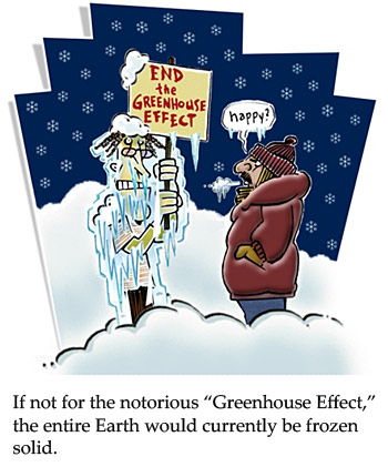 A comic showing a man frozen over holding a sign that says: 'End the Greenhouse effect'. The text under the comic reads 'If not for the notorious greenhouse effect, the Earth would currently be frozen solid'.