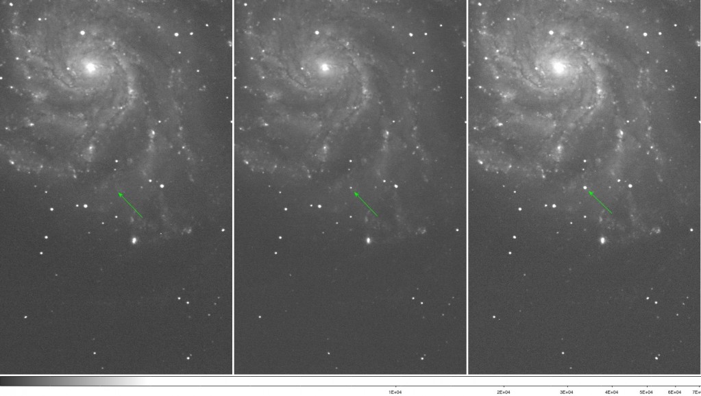 Three photos of a galaxy and the progression of a supernova.