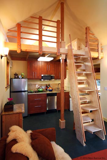 A kitchen and loft bedroom.