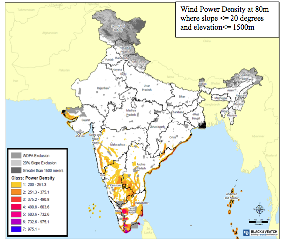 A map of different wind power density in India.