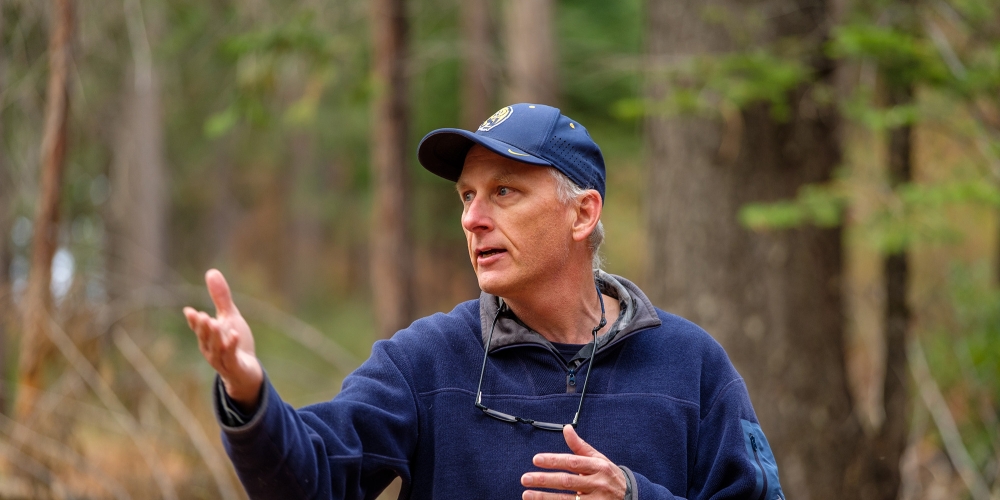 John Battles pointing out changes in forest composition during a field trip at Blodgett Forest Research Station. 