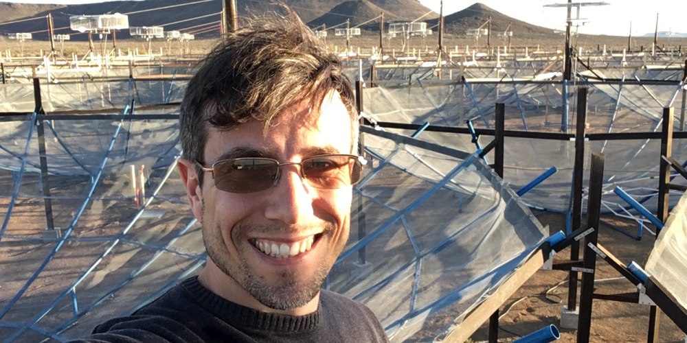 Aaron Parsons in front of the Hydrogen Epoch of Reionization Array in South Africa