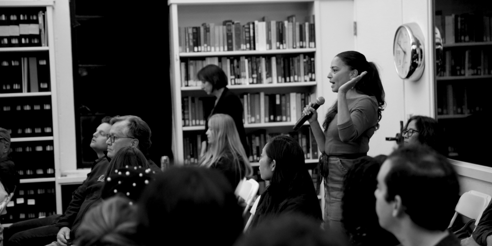 Shereen Marisol Meraji speaking at a journalism event on the UC Berkeley campus.