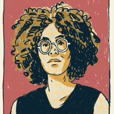 comicbook style portrait by j marshall smith: black nonbinary person with light skin, brown c3 hair, wearing white round eyeglasses 