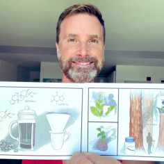 Headshot of Noah Whiteman holding two postcards with illustrations from his book Most Delicious Poison.