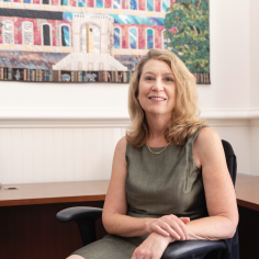 Photo of Professor Marti Hearst in her office on the UC Berkeley campus