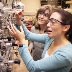 Kristie Boering in her UC Berkeley laboratory with graduate student Katie Mar