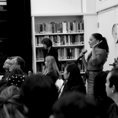 Shereen Marisol Meraji speaking at a journalism event on the UC Berkeley campus.