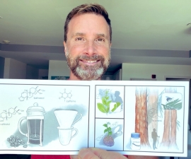 Headshot of Noah Whiteman holding two postcards with illustrations from his book Most Delicious Poison.