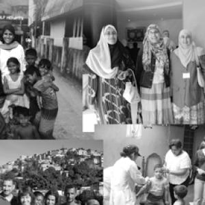 black & white montage of public health workers in various countries and settings.