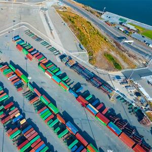 areal picture of containers in shipping yard
