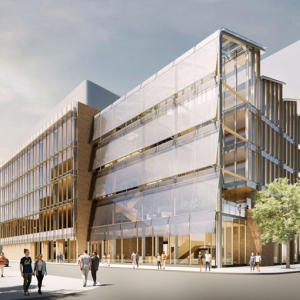 A rendering of a five-story building with a glass façade.