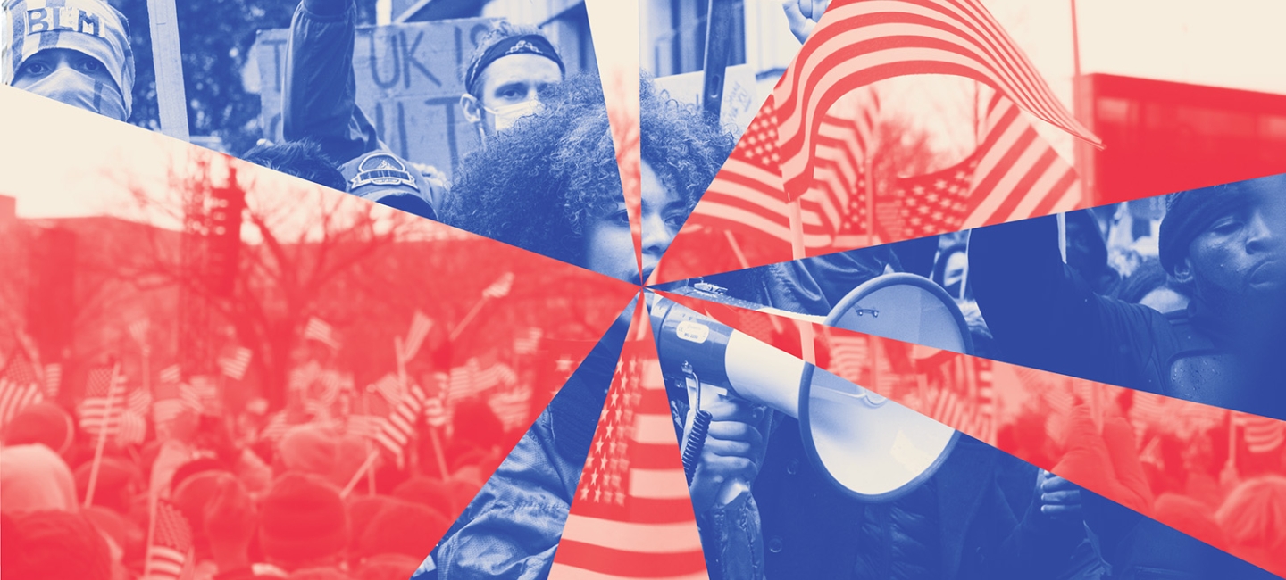 photo illustration of a fractured political landscape, alternating fragments of red and blue, with protesters, U.S. flags and bullhorns