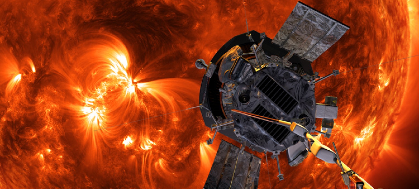 a satellite hovering over an angry red sun
