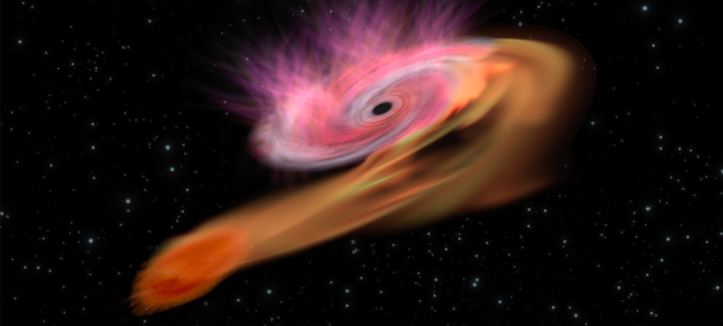 an orange star is stretched out to loop around a dark oval at the center of a pink swirling mass
