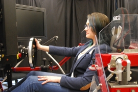 Student Katherine Rose Driggs Campbell in a driving simulator.
