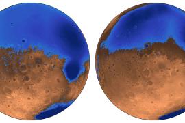 Illustration of early ocean in Mars called Arabia, along with orange land