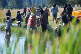 children and teachers explore life in a pond