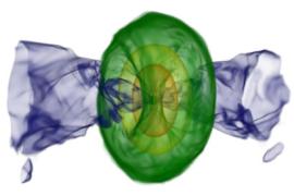 computer simulation of merger of two neutron stars with purple cones on either side of green concentric circles 