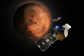 photomontage of ESCAPADE spacecraft in orbit around Mars